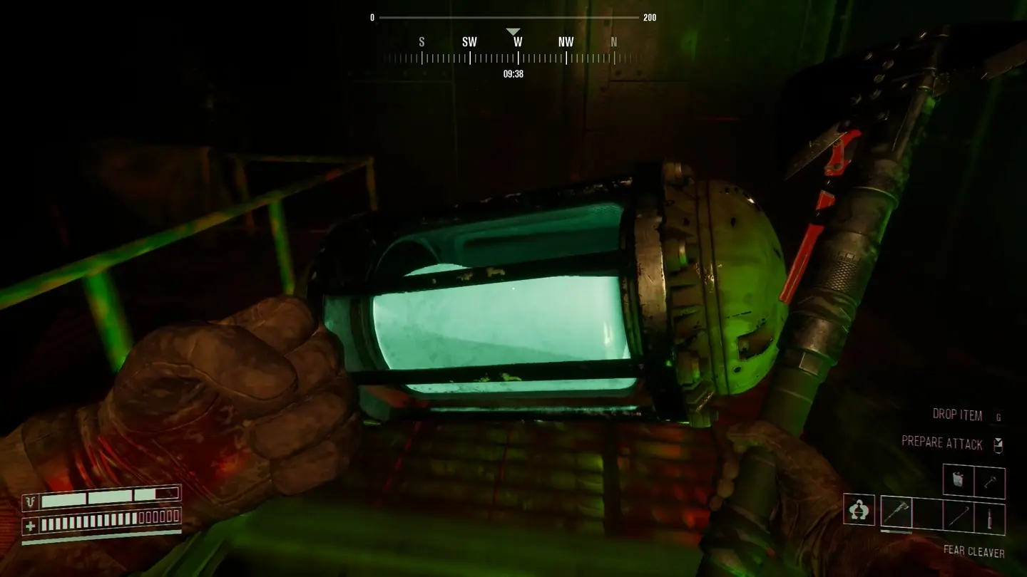 Player holding an axe beside a glowing generator object in a bunker