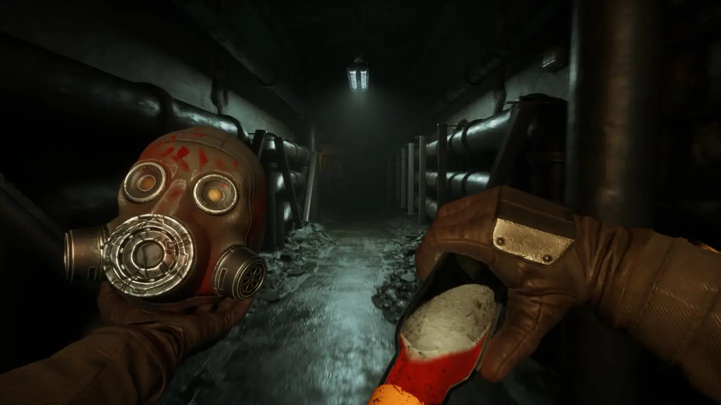 Gas mask and bottle viewed along a low-lit concrete bunker corridor