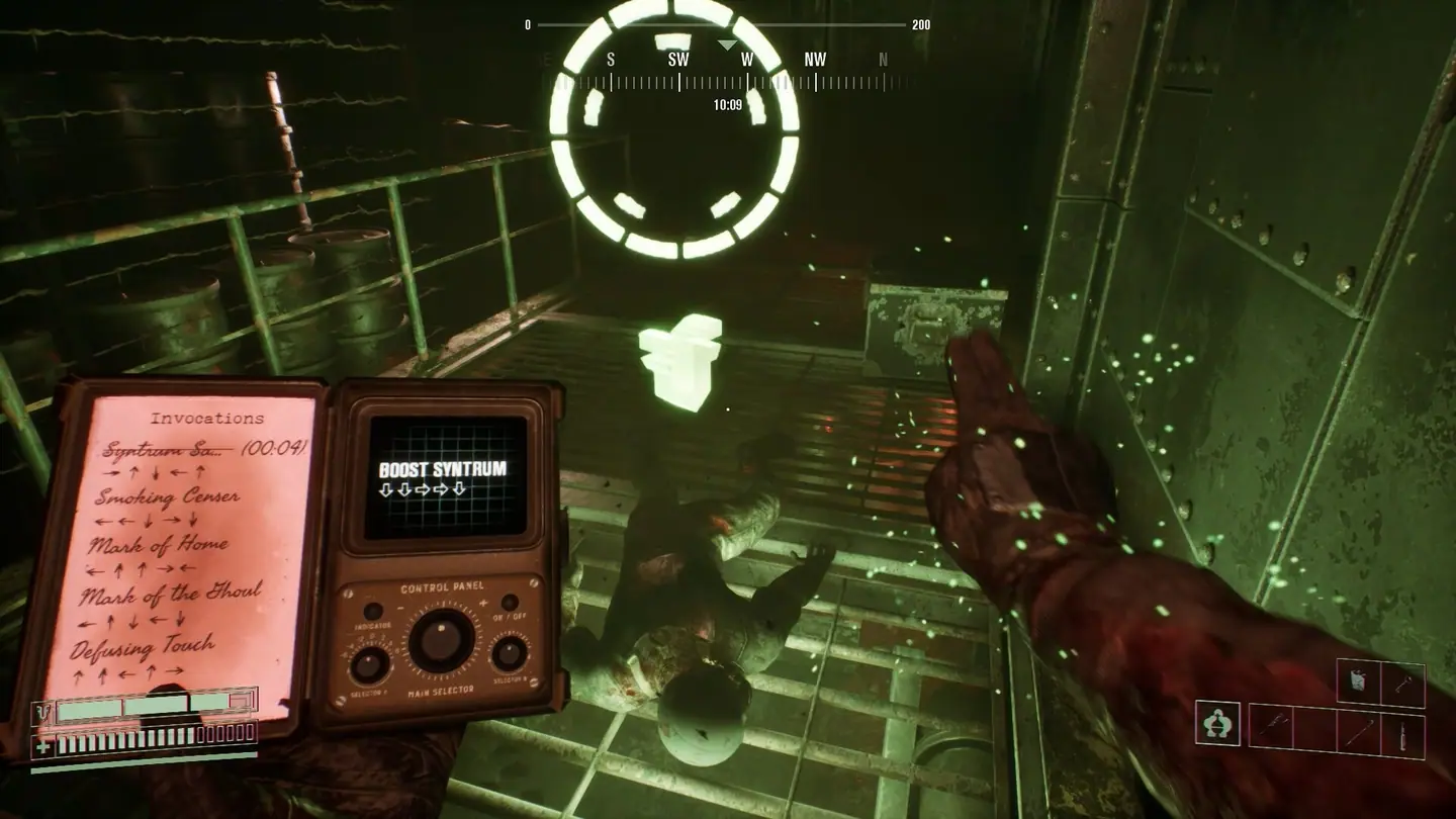 Open spellbook held before a glowing figure in a bunker chamber